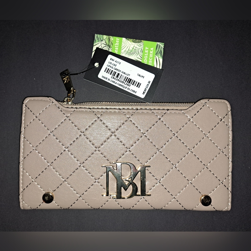 💕NWT BADGLEY MISCHKA Vegan Faux Taupe Leather Long Cards Wallet